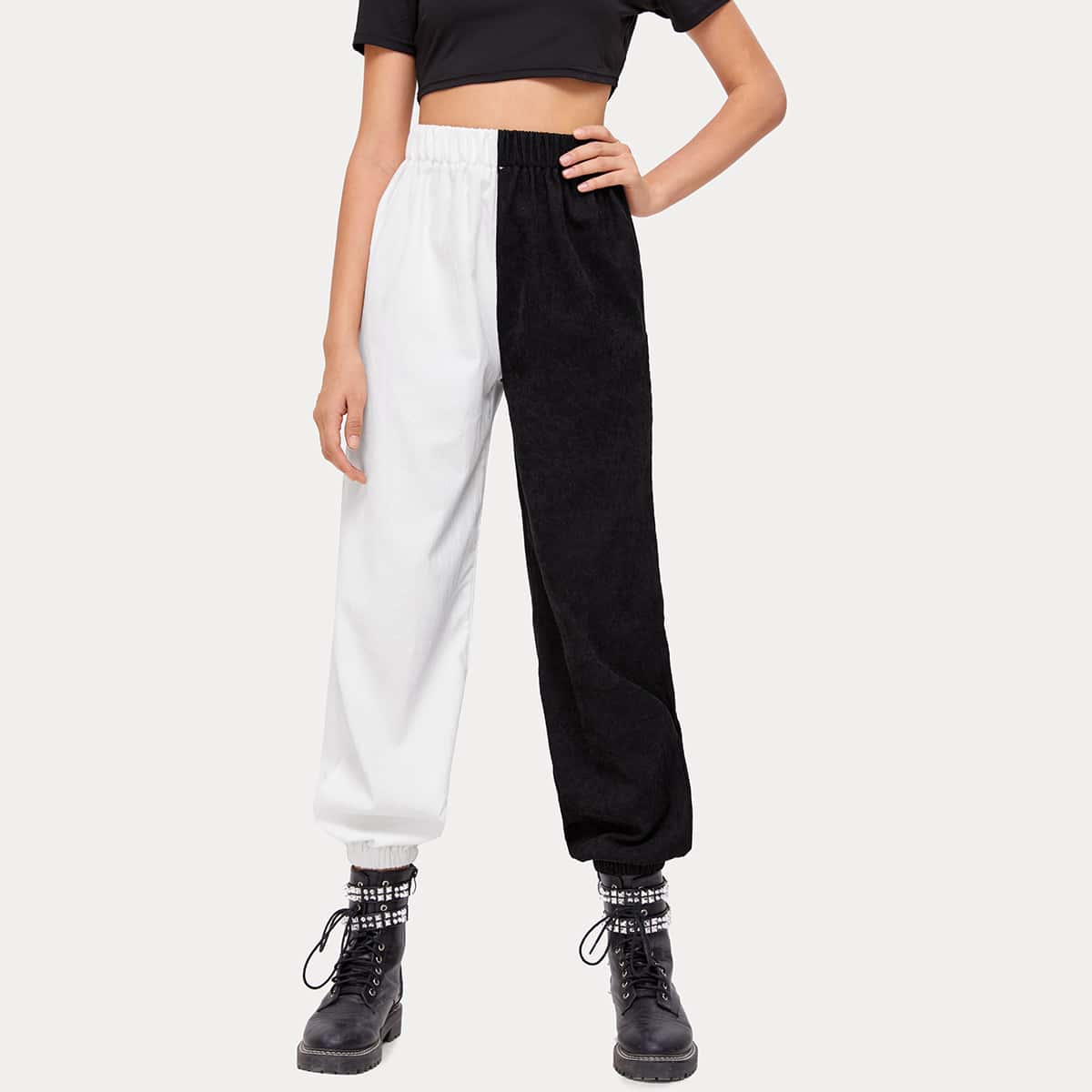 

Corduroy Colorblock Pocket Pants, Black and white