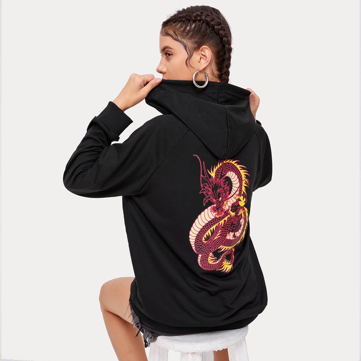 

Chinese Dragon Graphic Oversized Hoodie, Black