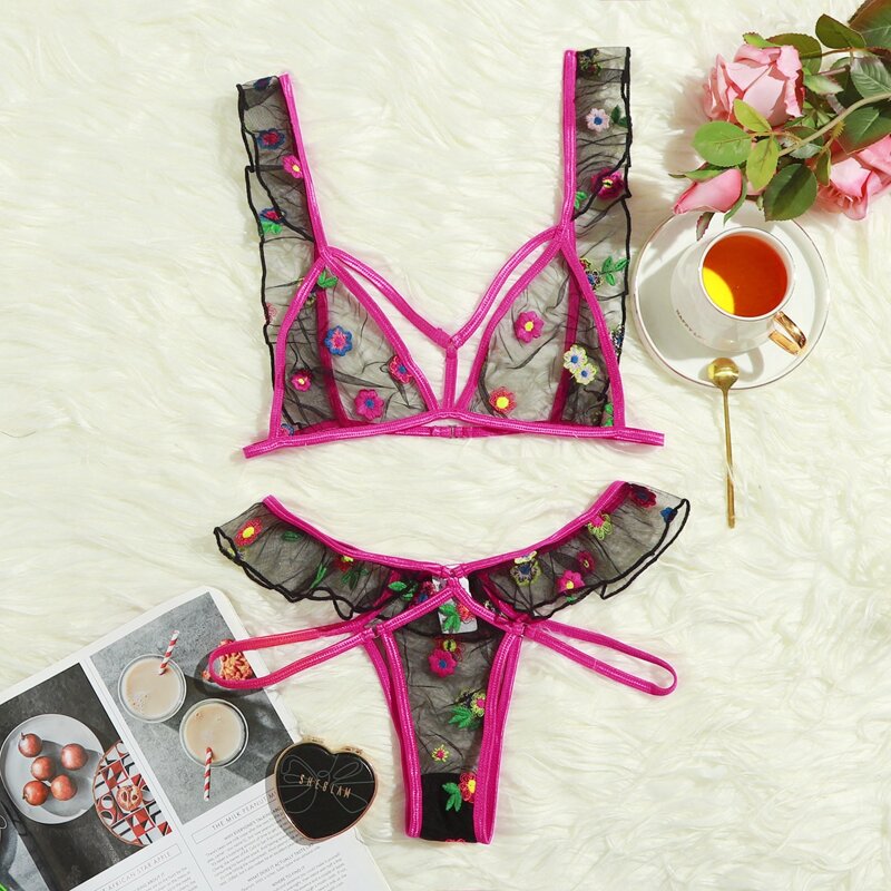 

Floral Embroidery Frill Harness Lingerie Set, Multicolor