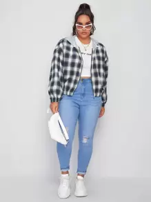 SHEIN EZwear áo khoác kích thước lớn Dây kéo kẻ sọc Giải trí - Nhiều màu - Xem 3