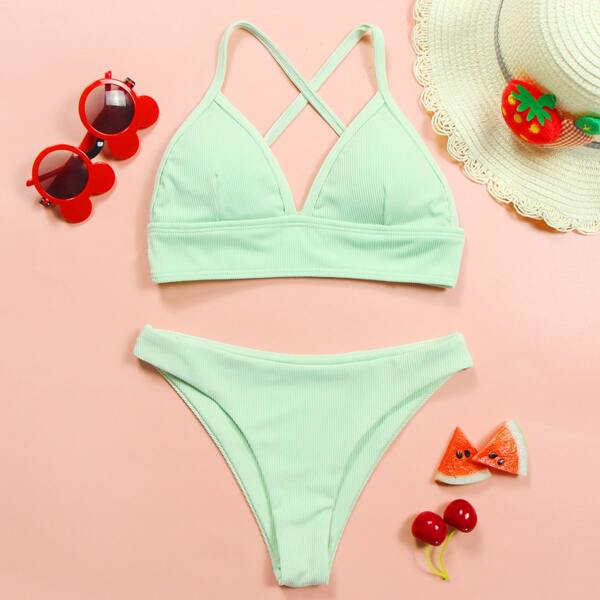 

Girls Rib Bikini Swimsuit, Pastel lime green