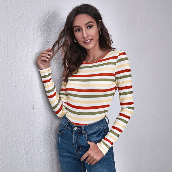

Curved Hem Colorblock Striped Tee, Multicolor
