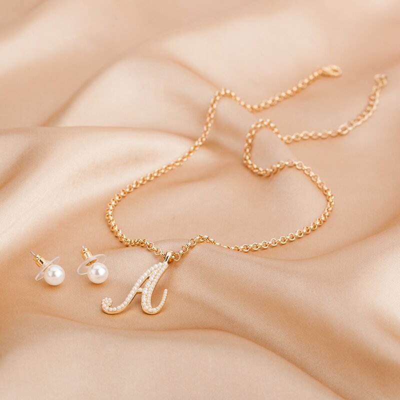 

1pc Letter Charm Necklace & 1pair Stud Earrings, Gold