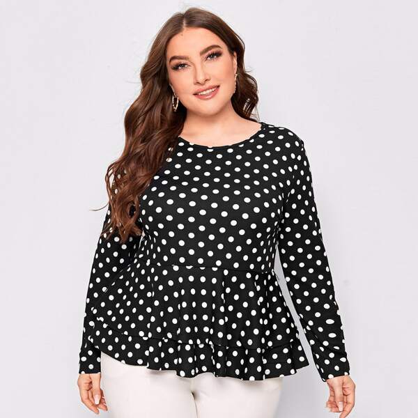 

Plus Polka Dot Layered Ruffle Hem Top, Black