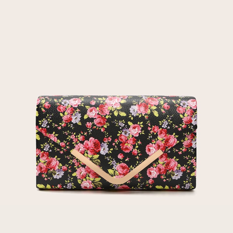 

Floral Graphic Metal Edge Clutch Bag, Black