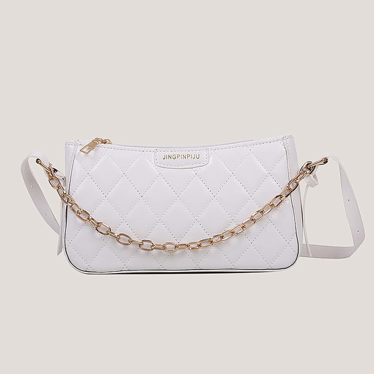 

Quilted Chain Baguette Bag, White