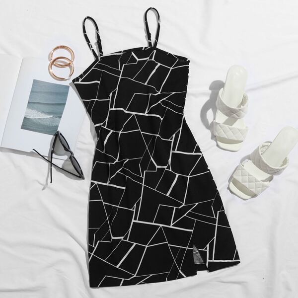 

Split Hem Geometric Print Cami Dress, Black