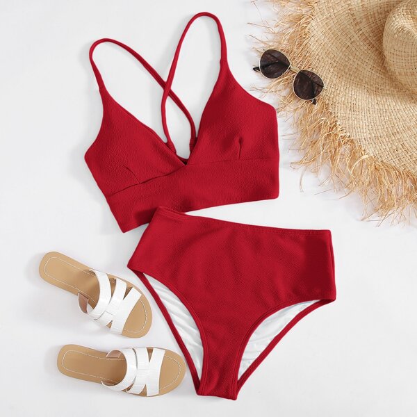

Textured Tie Back High Waisted Bikini Swimsuit, Red