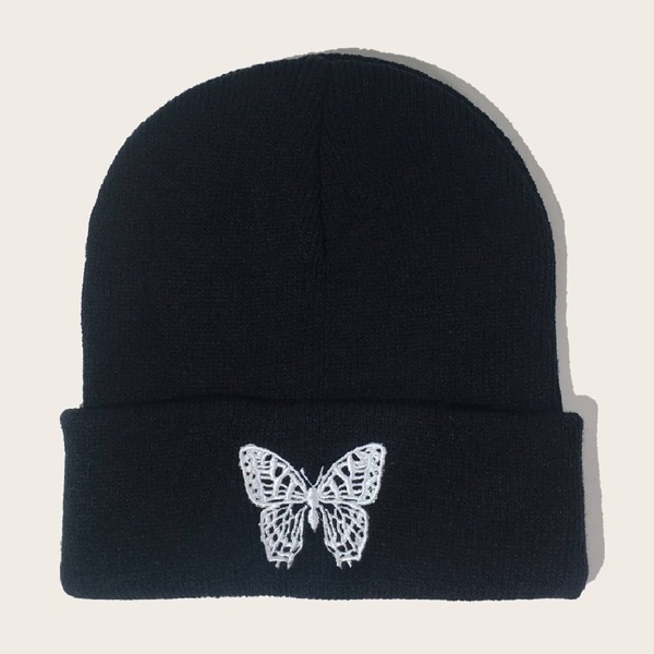 

Men Butterfly Embroidered Beanie, Black