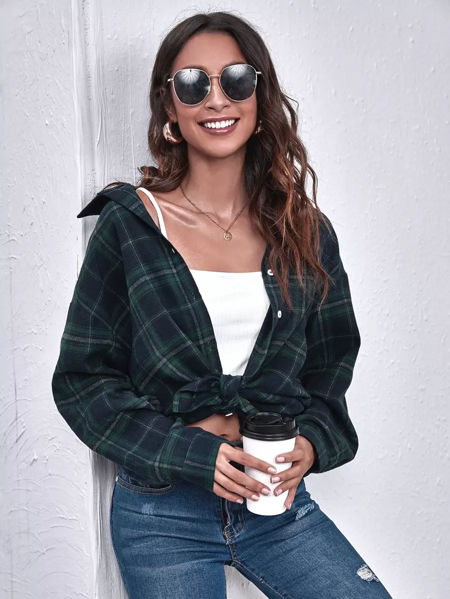 SHEIN LUNE Drop Shoulder Curved Hem Tartan Blouse - Multicolor - View 1