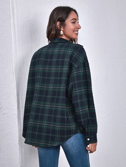 Drop Shoulder Curved Hem Tartan Blouse