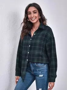 SHEIN LUNE Drop Shoulder Curved Hem Tartan Blouse - Multicolor - View 5