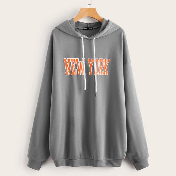 

Drop Shoulder Letter Graphic Drawstring Hoodie, Dark grey