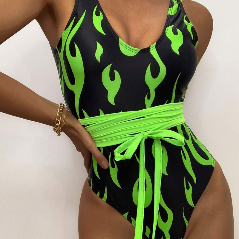 

Fire Print Tie Front One Piece Swimsuit, Multicolor