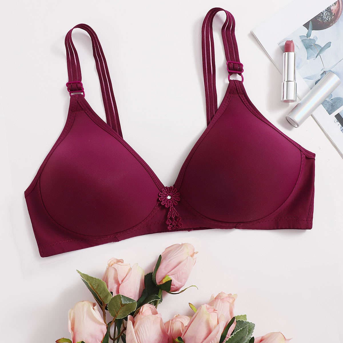 

Adjustable Strap Wireless Bra, Red violet