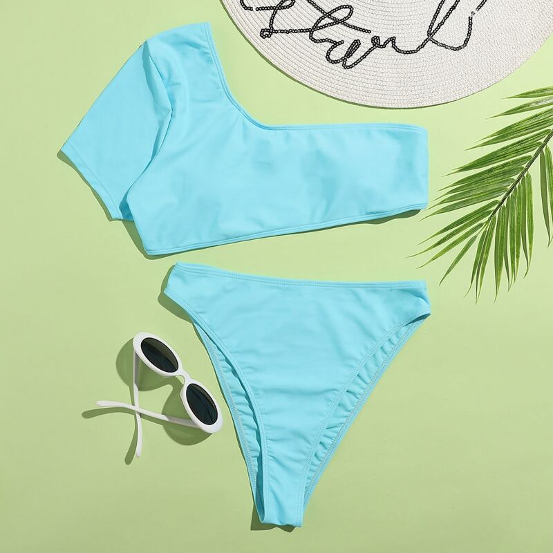 

One Shoulder High Waist Bikini Swimsuit, Baby blue