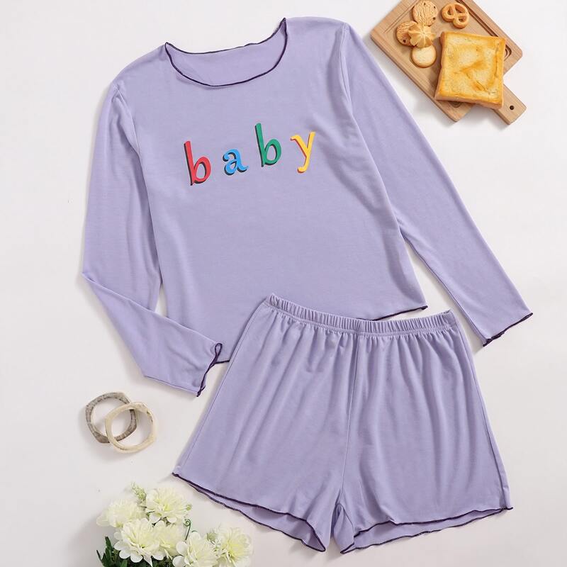 

Letter Graphic Tee & Shorts PJ Set, Lilac purple