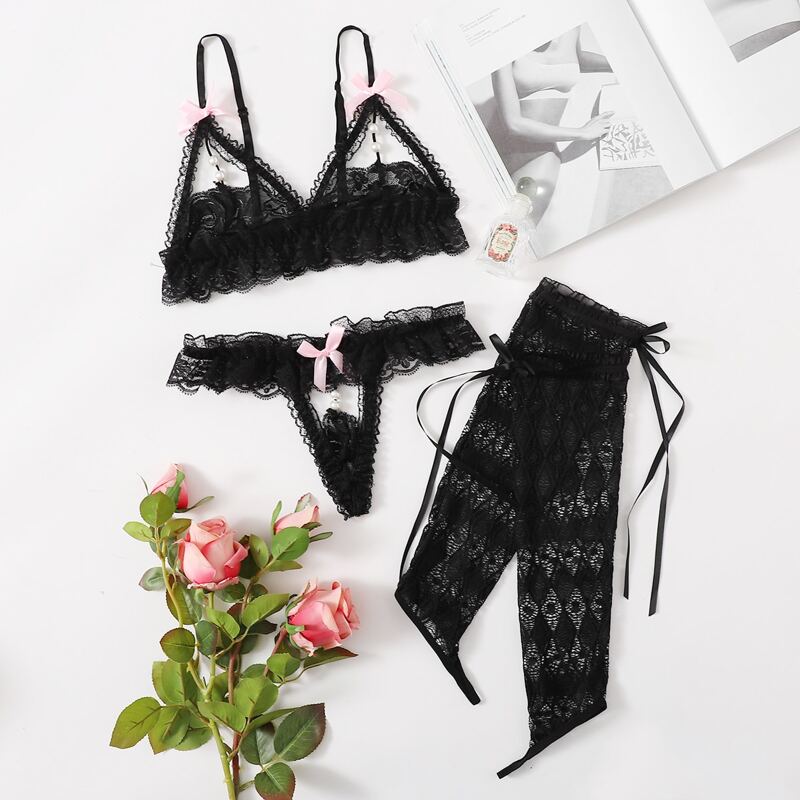 

Pearl Decor Floral Lace Lingerie Set & Gloves, Black