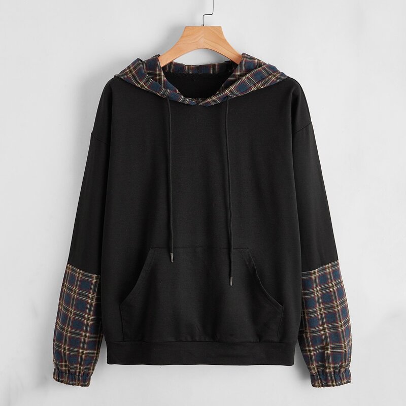 

Plaid Panel Kangaroo Pocket Hoodie, Black