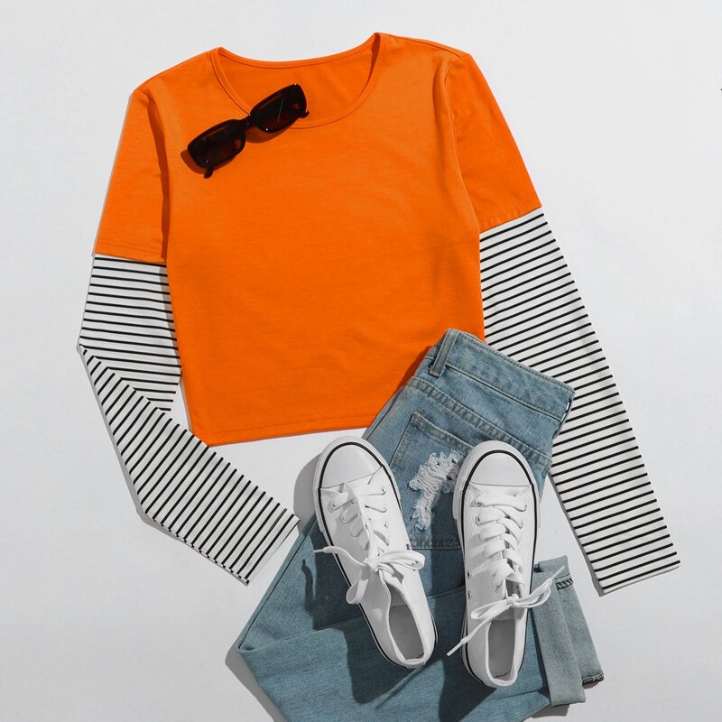

2 In 1 Striped Sleeve Tee, Orange bright