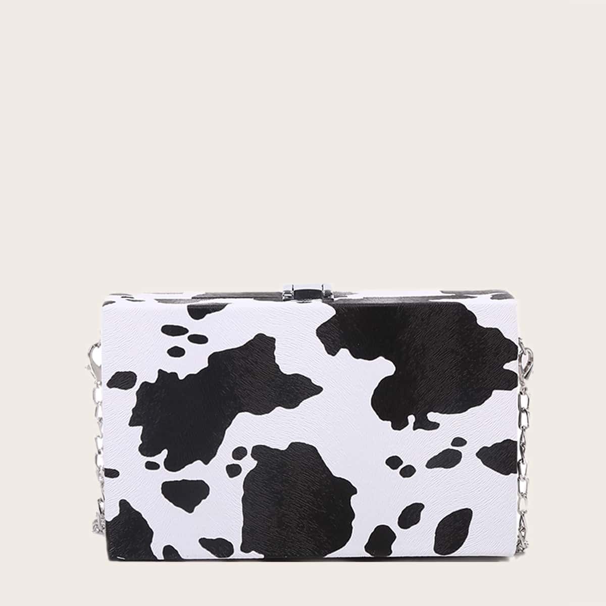 

Cow Print Chain Box Bag, Black and white
