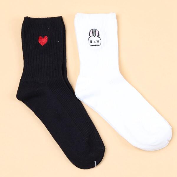 

2pairs Heart Embroidered Socks, Multicolor