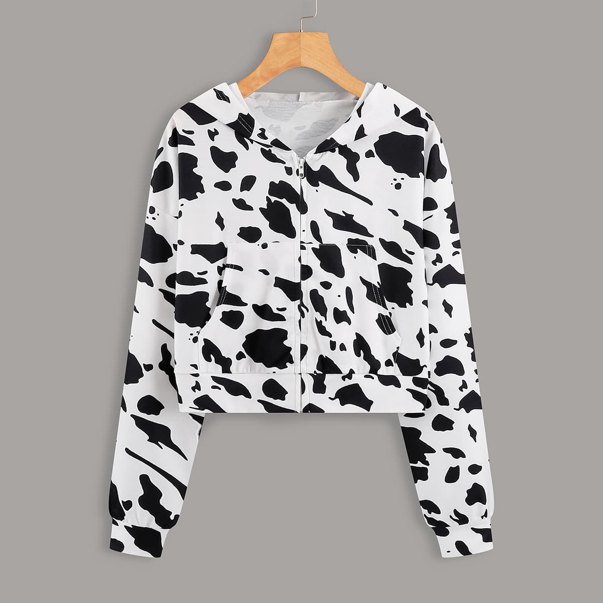 

Cow Print Zip Up Hoodie, Black and white