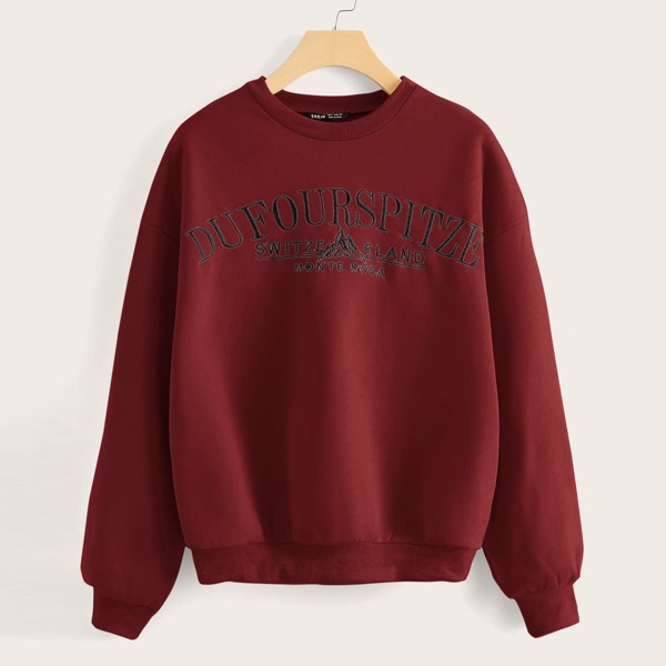 

Drop Shoulder Embroidered Letter Pullover, Burgundy
