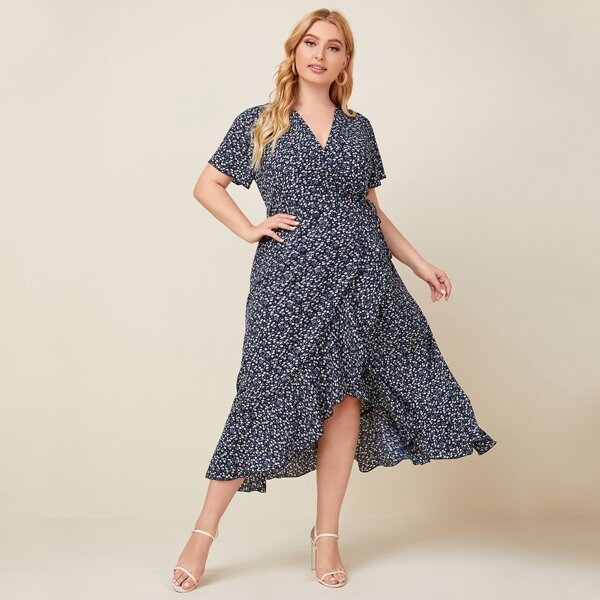 

Plus Ditsy Floral Ruffle Trim Wrap Dress, Multicolor