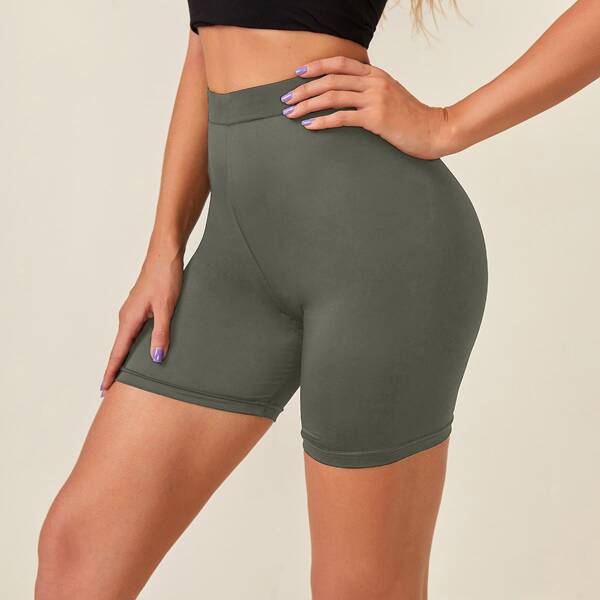 

High Waist Solid Biker Shorts, Grey