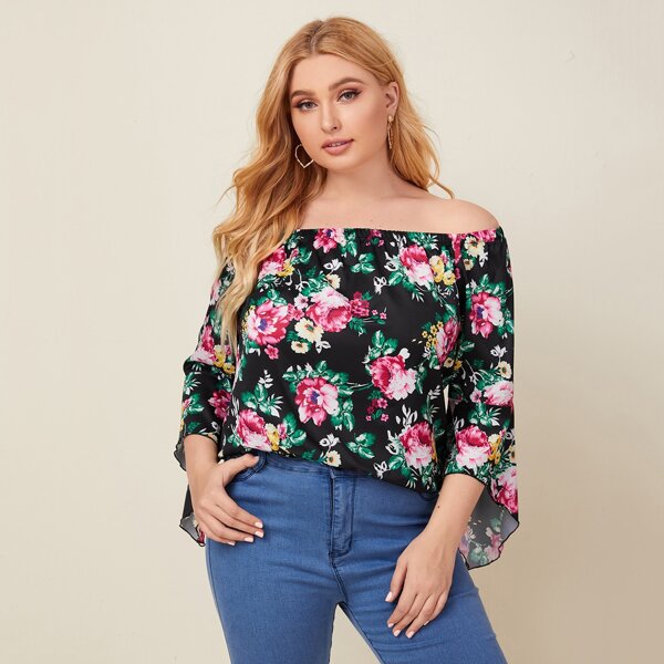 

Plus Floral Print Off The Shoulder Blouse, Multicolor