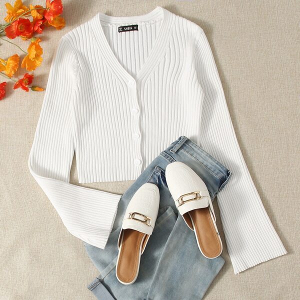 

Button Placket Ribbed Knit Solid Cardigan, White
