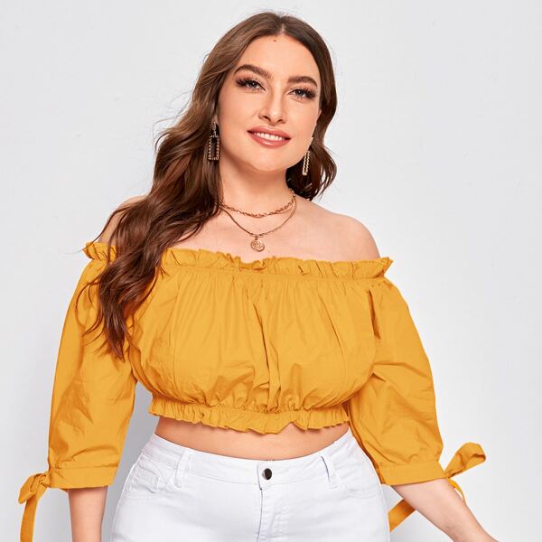 

Plus Frill Detail Off Shoulder Knot Sleeve Crop Top, Mustard yellow
