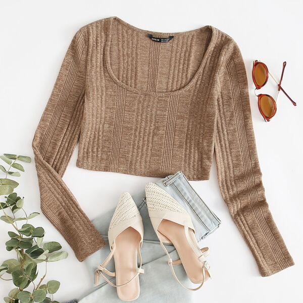 

Solid Scoop Neck Rib Knit Tee, Brown