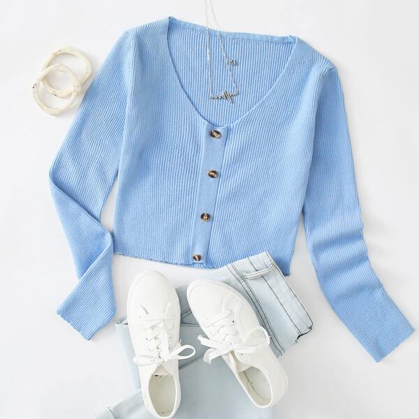 

Button Front Crop Sweater, Blue bright