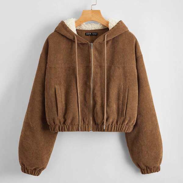 

Contrast Faux Shearling Trim Drop Shoulder Cord Jacket, Brown