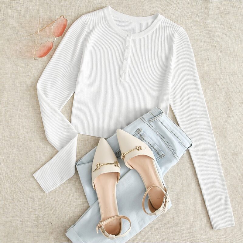 

Button Half Placket Crop Sweater, White