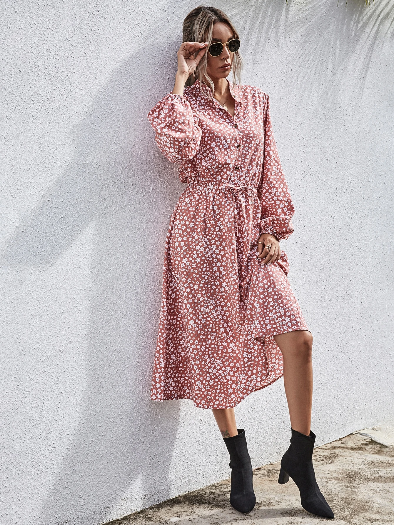 micro floral midi shirt dress