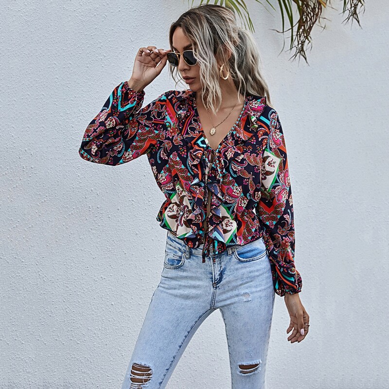 

Tie Front Ruffle Hem Blouse, Multicolor
