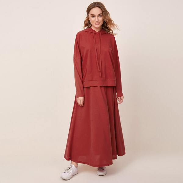 

Drop Shoulder Drawstring Hoodie & Skirt Set, Red