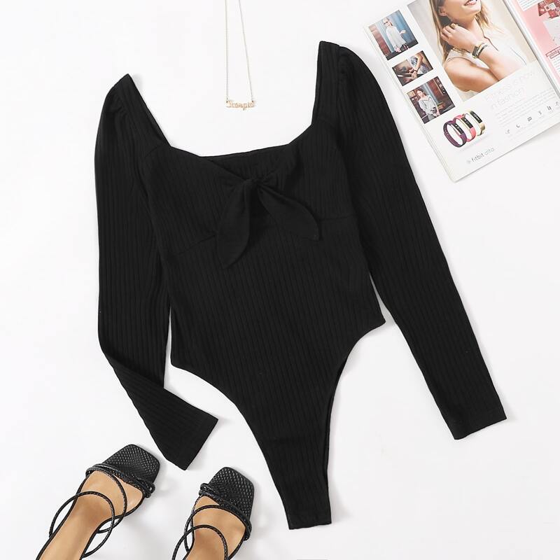 

Tie Front Rib-knit Bodysuit, Black