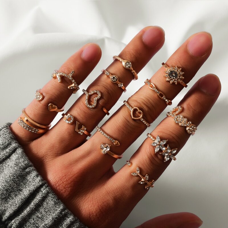 

14pcs Rhinestone Decor Heart Shaped Ring, Gold