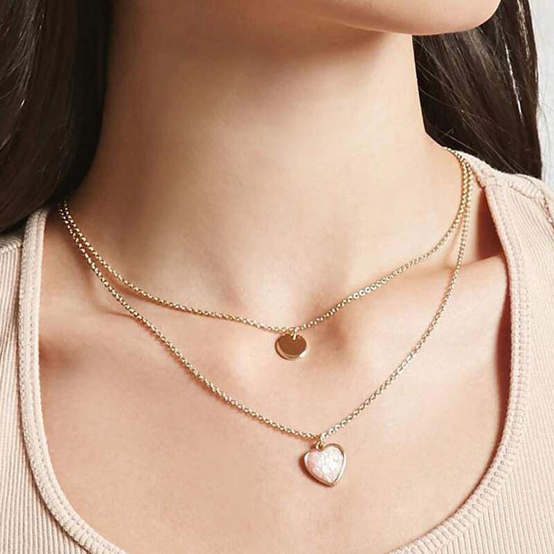 

2pcs Coin & Heart Pendant Necklace, Gold