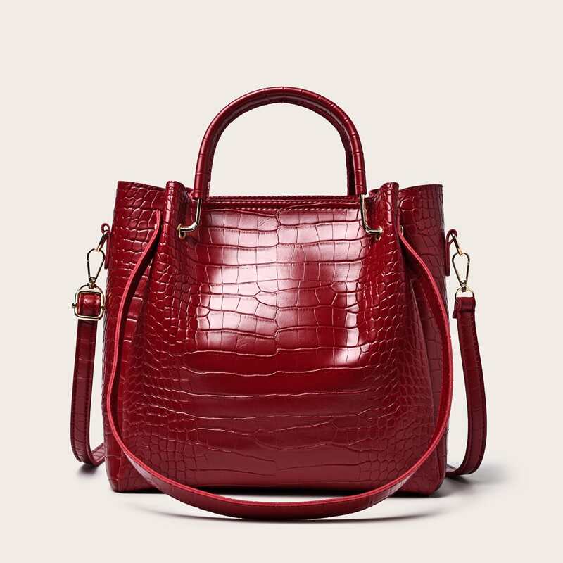 

Croc Embossed Satchel Bag, Burgundy