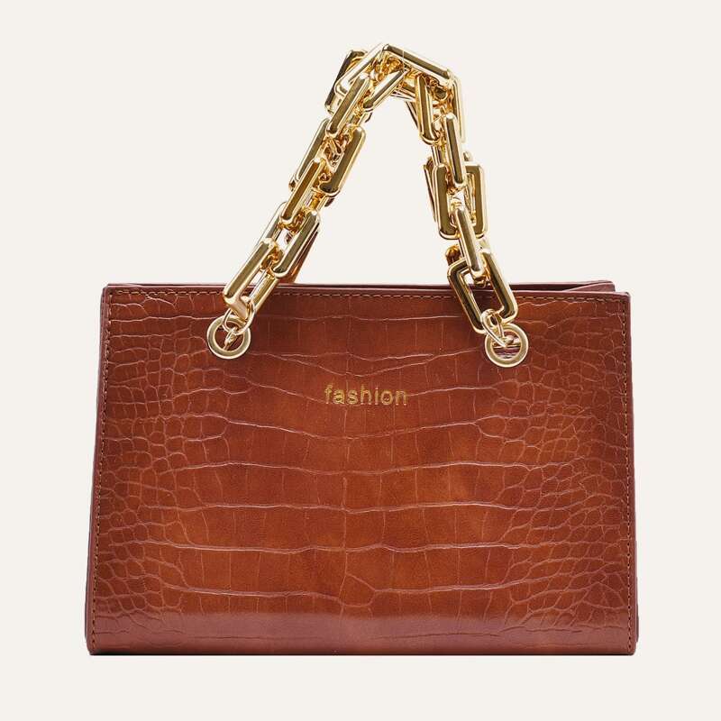 

Croc Embossed Chain Satchel Bag, Brown