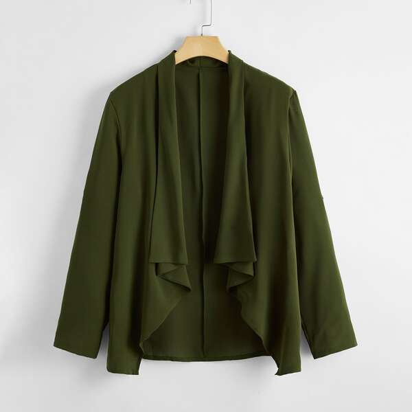 

Plus Open Front Waterfall Collar Roll Up Sleeve Coat, Army green