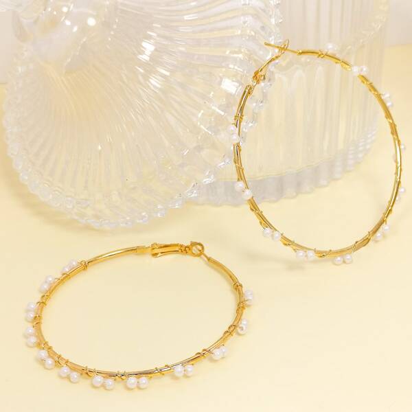 

Faux Pearl Decor Hoop Earrings, Gold