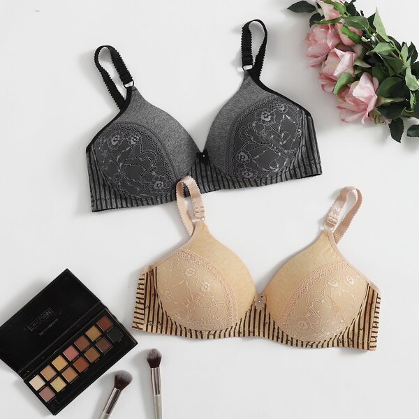 

2pack Plus Striped Contrast Lace Bra Set, Multicolor