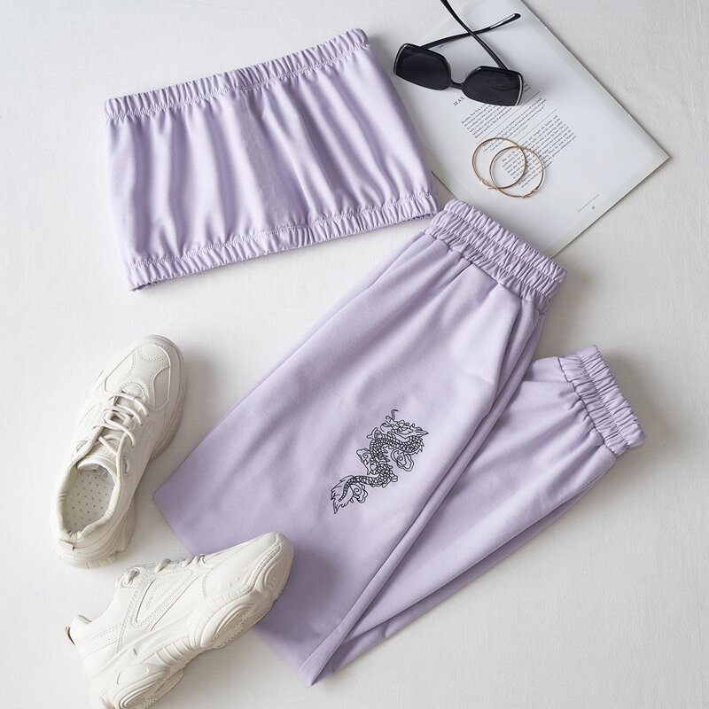 

Solid Tube Top & Chinese Dragon Graphic Sweatpants, Lilac purple