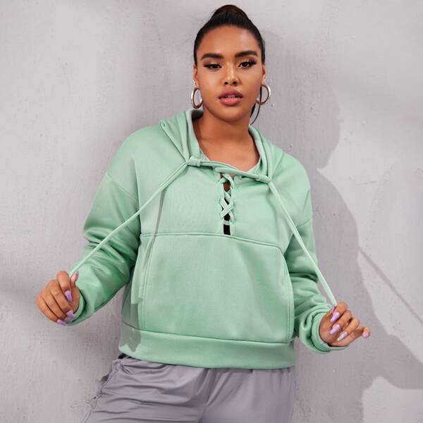 

Plus Lace Up Kangaroo Pocket Hoodie, Mint green